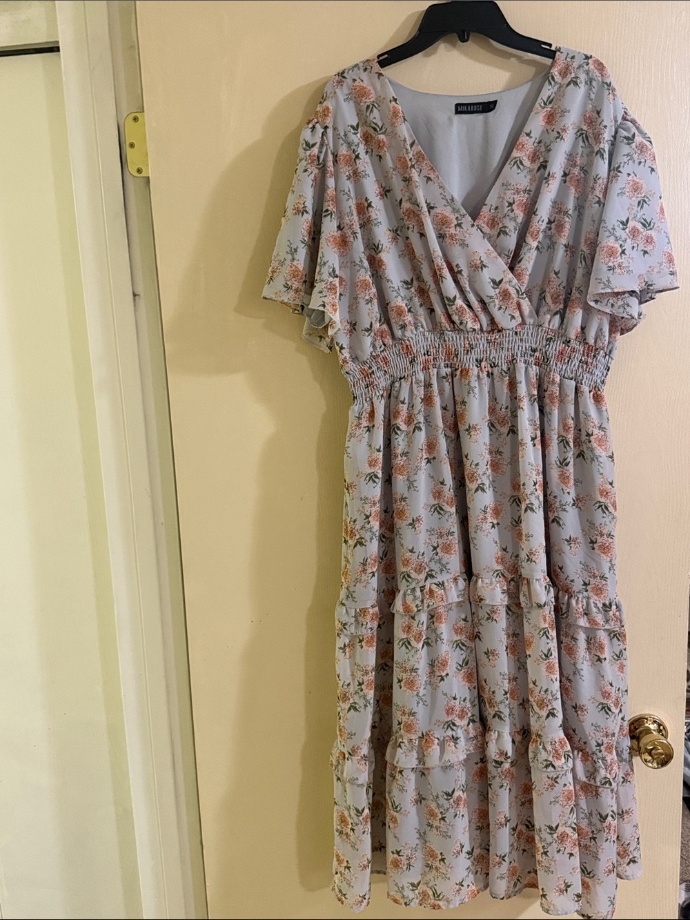 Mikarose Light Blue Midi Dress with Pink Floral